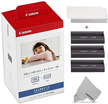 Canon KP-108IN / KP108 Color Ink Paper includes 108 Ink Paper sheets + Ink toners for Canon Selphy CP1300, Selphy CP1200, Selphy CP910, Selphy CP900, cp770 and cp760 + HeroFiber Gentle Cleaning Cloth