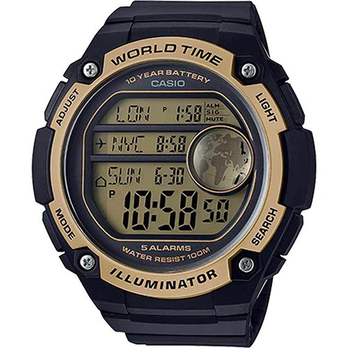 CASIO AE3000W-9AV MEN’S WORLD TIME DIGITAL BLACK/GOLD XL WATCH - Large