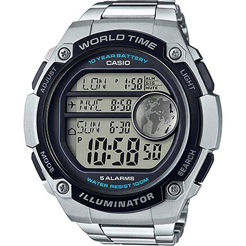 CASIO AE3000WD-1AV MEN’S 3 CITY TIME DISPLAY XLARGE BRACELET WATCH - Large