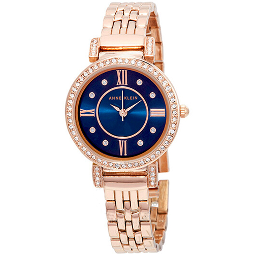 ANNE KLEIN AK/2928NVRG WOMEN’S CRYSTAL ACCENTED ROSE GOLD BLUE DIAL BRACELET WATCH - Medium