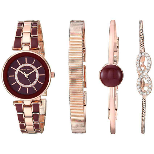 ANNE KLEIN AK/3286BYST WOMEN’S SWAROVSKI CRYSTAL ACCENTED ROSE GOLD-TONE BURGUNDY WATCH BRACELET SET - Large