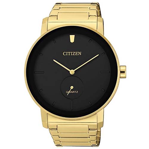 CITIZEN BE9182-57E MEN’S QUARTZ ANALOG BLACK DIAL GOLD BRACELET WATCH - Large