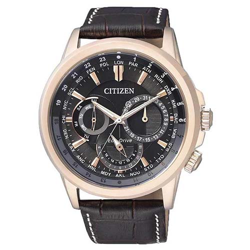 CITIZEN BU2023-12E MEN’S ECO-DRIVE CALENDRIER WORLD TIME LEATHER WATCH - Large