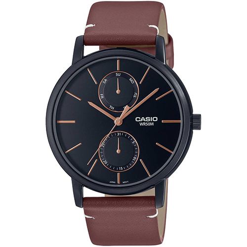 CASIO MTP-B310BL-5AVDF MEN’S BLACK CASE BROWN LEATHER DRESS WATCH - Large