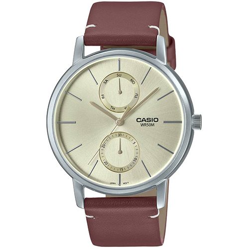 CASIO MTP-B310L-9AVDF MEN’S CHAMPAGNE GOLD DIAL BROWN LEATHER WATCH - Large