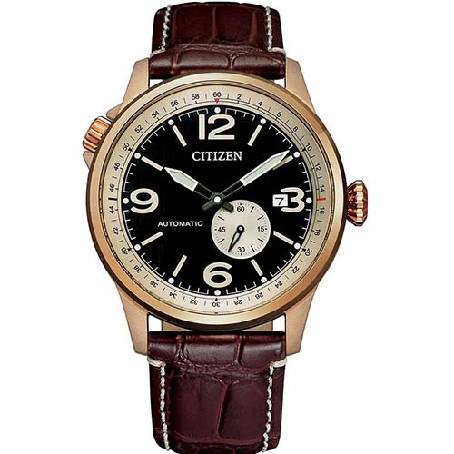 CITIZEN NJ0143-19E MEN’S AUTOMATIC ROSE GOLD CASE DARK BROWN LEATHER WATCH - Large