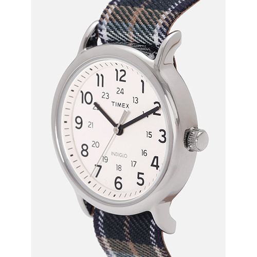 TIMEX T2R514 UNISEX WEEKENDER OFF WHITE DIAL PLAID SLIP-THRU FABRIC STRAP WATCH