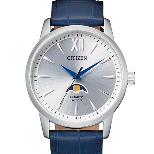 CITIZEN AK5000-03A MEN’S QUARTZ ANALOG SILVER DIAL BLUE LEATHER MEDIUM WATCH - Large