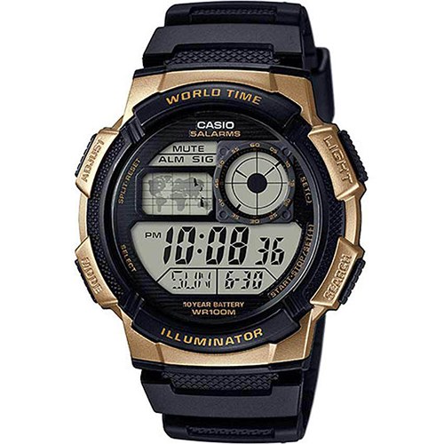 Casio AE1000W-1A3V Men’s World Time Illuminator Black Gold Watch - Large