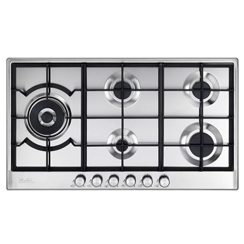 ELIO 95-565 90 cm stainless steel hob, 6 gas burners including 1 dual burner, cast iron pan supports. Stainless steel scotch brite finishing Electronic ignition Safety devices Easy to reach front controls Cast iron wok stand