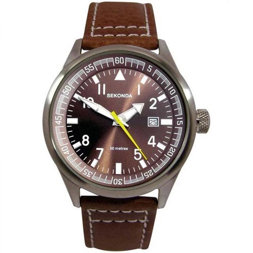 SEKONDA SK3882 MEN'S AVIATOR ANALOGUE DISPLAY BROWN LEATHER WATCH