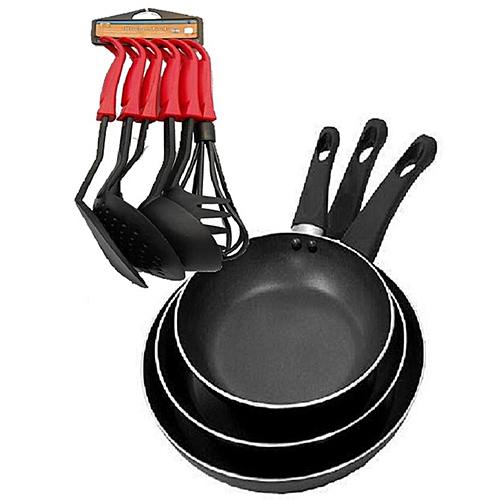 Home Choice Set of 3 Non-Stick Fry Pans with 6 Set of Non-Stick Spoon