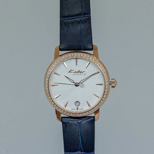 KOLBER GENEVE K306414175214 WOMEN’S ROUND SILVER-WHITE DIAL MEDIUM SIZED BLUE LEATHER WATCH