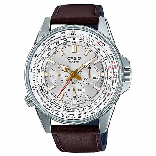 CASIO GENT'S MTP-SW320L-7AVDF MULTI HANDS SILVER DIAL BROWN LEATHER WATCH