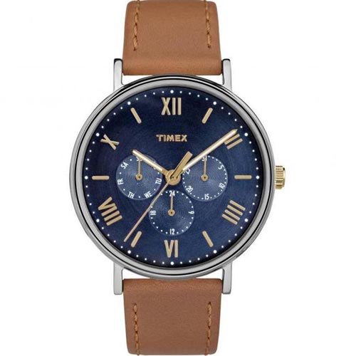 TIMEX TW2R29100 MEN'S SOUTHVIEW MULTIFUNCTION BLUE DIAL TAN LEATHER MEDIUM SIZE WATCH