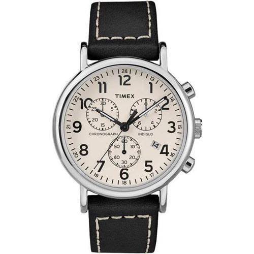 TIMEX TW2R42800 MEN'S WEEKENDER CHRONOGRAPH STAINLESS STEEL CASE BLACK LEATHER MEDIUM SIZE WATCH