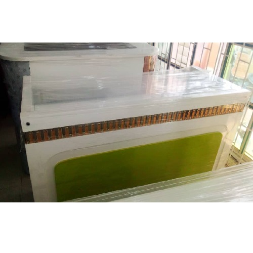 QUALITY DESIGNED 1.4M WHITE & GREEN FRONT DESK - AVAILABLE (ARIN)