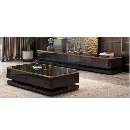 BLACK GLASS TOP CENTER TABLE & BROWN BASE & TV STAND EACH (1530)