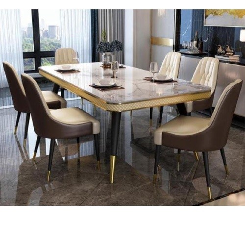 QUALITY DESIGNED BROWN & CREAM SIX MARBLE DINING CHAIRS WITH TABLE -AVAILABLE (AUSFUR)