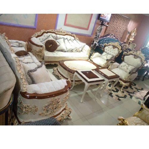 QUALITY DESIGNED 7 CREAM & BROWN SOFA CHAIRS WITH CENTER TABLE & 2 SIDE STOOLS - AVAILABLE (SETIN)