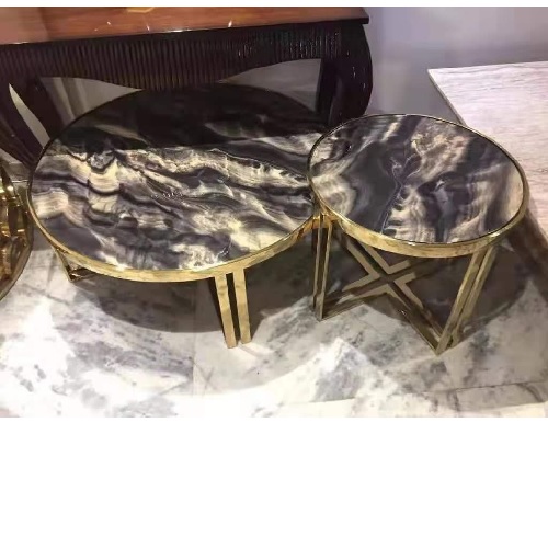 QUALITY DESIGNED BLACK & BROWN ROUND WHITE MARBLE TOP CENTER TABLE WITH 2 SIDE STOOLS - AVAILABLE (JAFU)