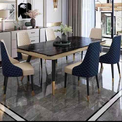 QUALITY DESIGNED WHITE & CREAM RECTANGULAR MARBLE TOP DINING TABLE WITH 6 CHAIRS - AVAILABLE (SAINT)