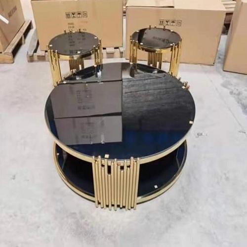 QUALITY DESIGNED BLACK GLASS TOP ROUND CENTER TABLE WITH GOLDEN FRAME & 2 SIDE STOOLS - AVAILABLE (SAINT)