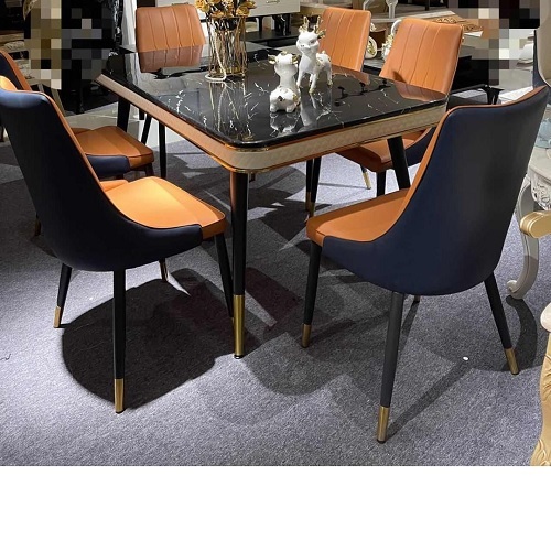 QUALITY DESIGNED BLACK & ORANGE DINING TABLE WITH 6 CHAIRS - AVAILABLE (OKAF)