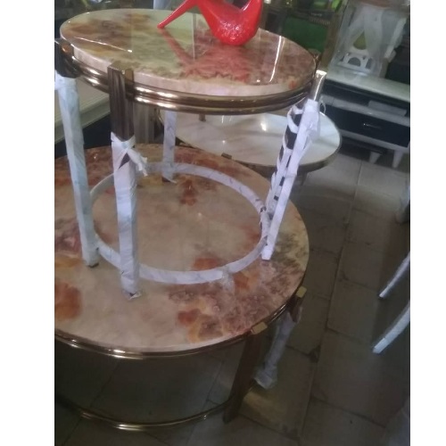 QUALITY DESIGNED BROWN ROUND MARBLE TOP CENTER TABLE WITH 2 SIDE STOOLS - AVAILABLE (JAFU)