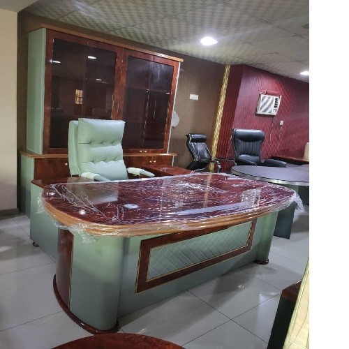 QUALITY GRAY & BROWN OVAL OFFICE TABLE WITH CABINET & DRAWERS - AVAILABLE (AUFUR)