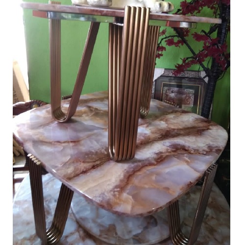 QUALITY DESIGNED BROWN MARBLE TOP CENTER TABLE WITH GOLDEN FRAME & 2 SIDE STOOLS - (JAFU)