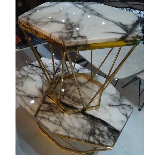 QUALITY DESIGNED WHITE & GRAY HEXAGON MARBLE TOP CENTER TABLE WITQUALITY DESIGNED WHITE & GRAY HEXAGON MARBLE TOP CENTER TABLE WITH 2 SIDE STOOLS - (JAFU)H 2 SIDE STOOLS - (JAFU)