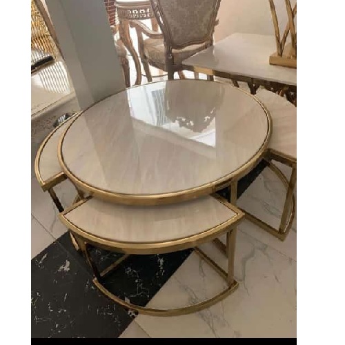 QUALITY DESIGNED CREAM & GOLD CENTER TABLE & 2 SIDE STOOLS - AVAILABLE (SAINT)