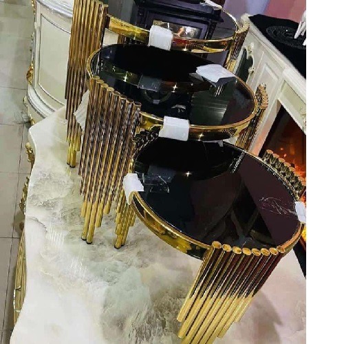 QUALITY DESIGNED 3 PIECES BLACK & GOLD ROUND CENTER TABLES - AVAILABLE (JAFU)