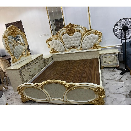 QUALITY DESIGNED CREAM & GOLD BED WITH BEDSIDE DRESSER - AVAILABLE (CHILU)