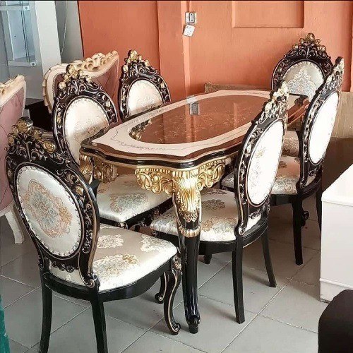 QUALITY DESIGNED ROYAL CREAM & GOLD DINING TABLE WITH 6 CHAIRS - AVAILABLE (SAINT)