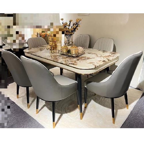 QUALITY DESIGNED CREAM & GRAY DINING TABLE WITH 6 CHAIRS - AVAILABLE (OKAF)