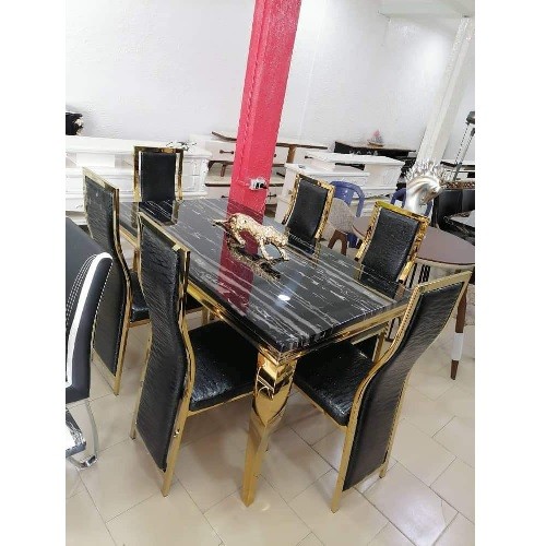 QUALITY DESIGNED BLACK & GOLD MARBLE TOP DINING TABLE WITH 6 CHAIRS - AVAILABLE (MOBIN)