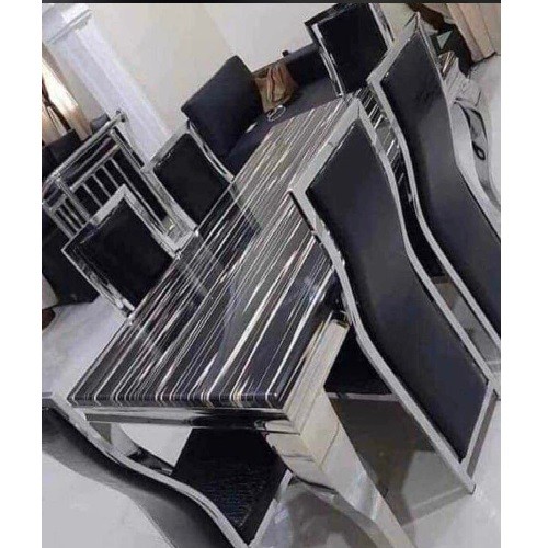 QUALITY DESIGNED SILVER & BLACK MARBLE TOP DINING TABLE WITH 6 CHAIRS- AVAILABLE (SATEC)