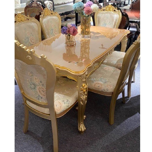 QUALITY DESIGNED ROYAL GOLD & CREAM DINING TABLE WITH 6 CHAIRS - AVAILABLE (OKAF)