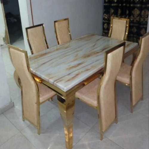 QUALITY DESIGNED ORANGE & GOLD DINING TABLE WITH 6 CHAIRS - AVAILABLE (MOBIN)