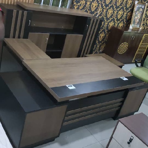 QUALITY LIGHT & COFFEE BROWN DESIGN OFFICE TABLE WITH EXTENSION & FILE CABINET- AVAILABLE (AUFUR)