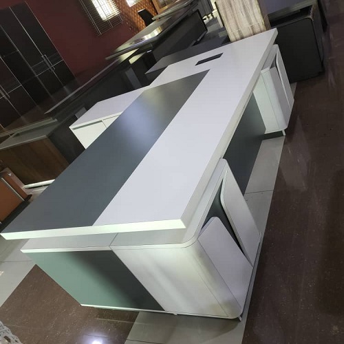 QUALITY DESIGNED GRAY & WHITE OFFICE TABLE WITH EXTENSION- AVAILABLE (AUFUR)