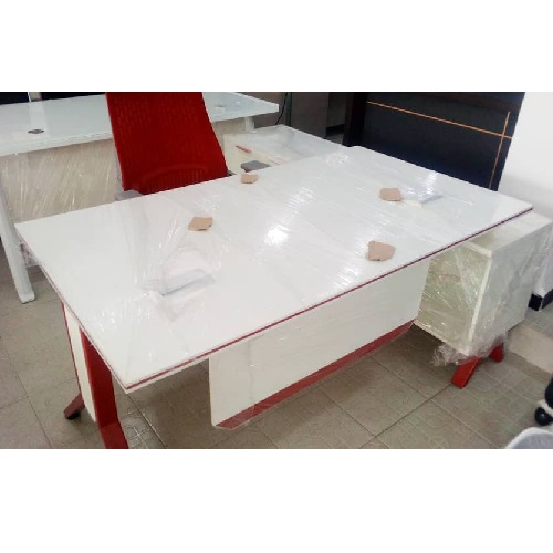 QUALITY DESIGNED WHITE EXECUTIVE OFFICE TABLE WITH RED CHAIR - AVAILABLE (ARIN)