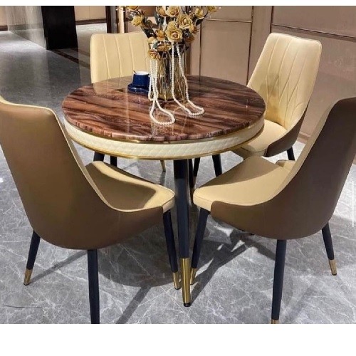 QUALITY DESIGNED ROUND BROWN DINING TABLE WITH 4 CHAIRS - AVAILABLE (OKAF)