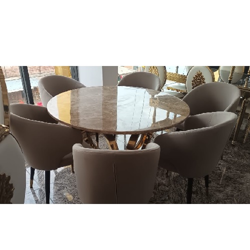 QUALITY ROUND WHITE LIGHT BROWN MARBLE DESIGN DINING TABLE WITH 6 CHAIRS - AVAILABLE (OKAF)