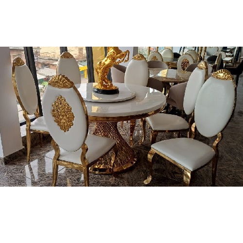 QUALITY ROUND WHITE MARBLE & GOLD DESIGN DINING TABLE WITH 6 CHAIRS – AVAILABLE (OKAF)