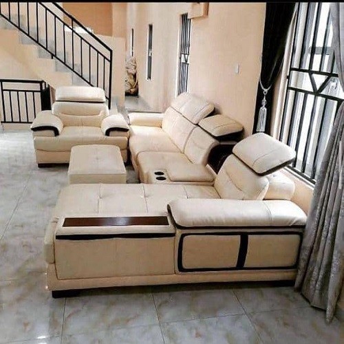 QUALITY DESIGNED ROYAL CREAM & LIGHT BROWN FRAME 6 SEATERS SOFA CHAIRS ONLY _ AVAILABLE (LEWO)