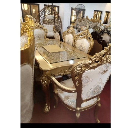 QUALITY DESIGNED ROYAL WHITE & GOLD DINING TABLE WITH 6 CHAIRS - AVAILABLE (OKAF)