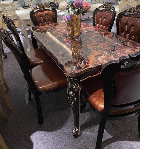 QUALITY DESIGNED ROYAL BROWN DINING TABLE WITH 6 CHAIRS - AVAILABLE (OKAF)